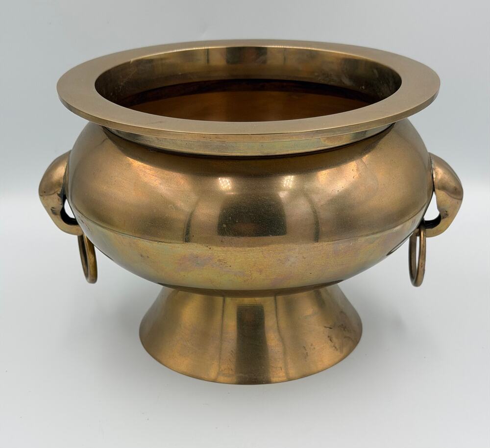 Vintage Korean Pedestal Brass Elephant Handled Jardiniere Pot Censer Burner